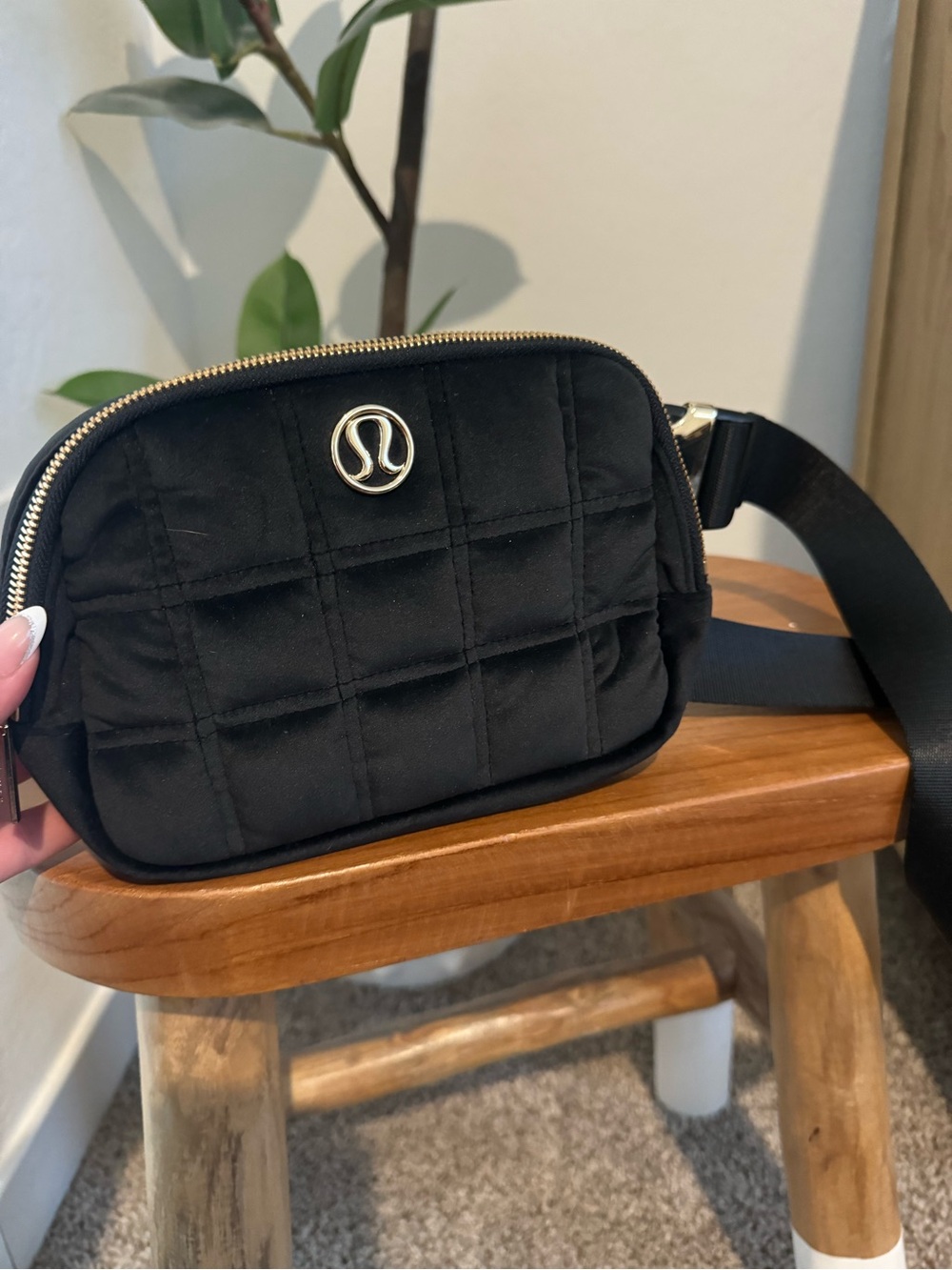 lululemon athletica Black Quilted Crossbody with Gold Accents